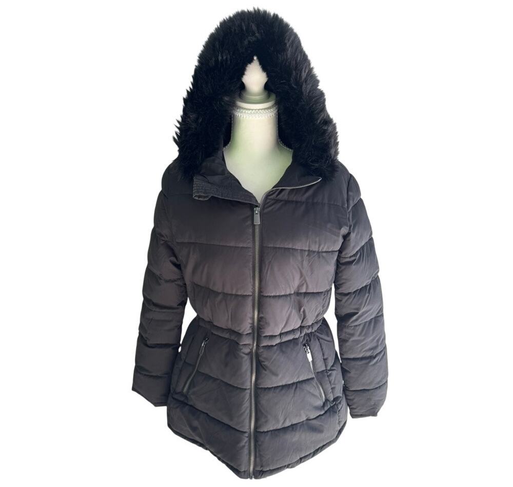 GAP Womens M Black Mid Puffer Coat Faux Fur Hood Cinched Waist Winter Jacket